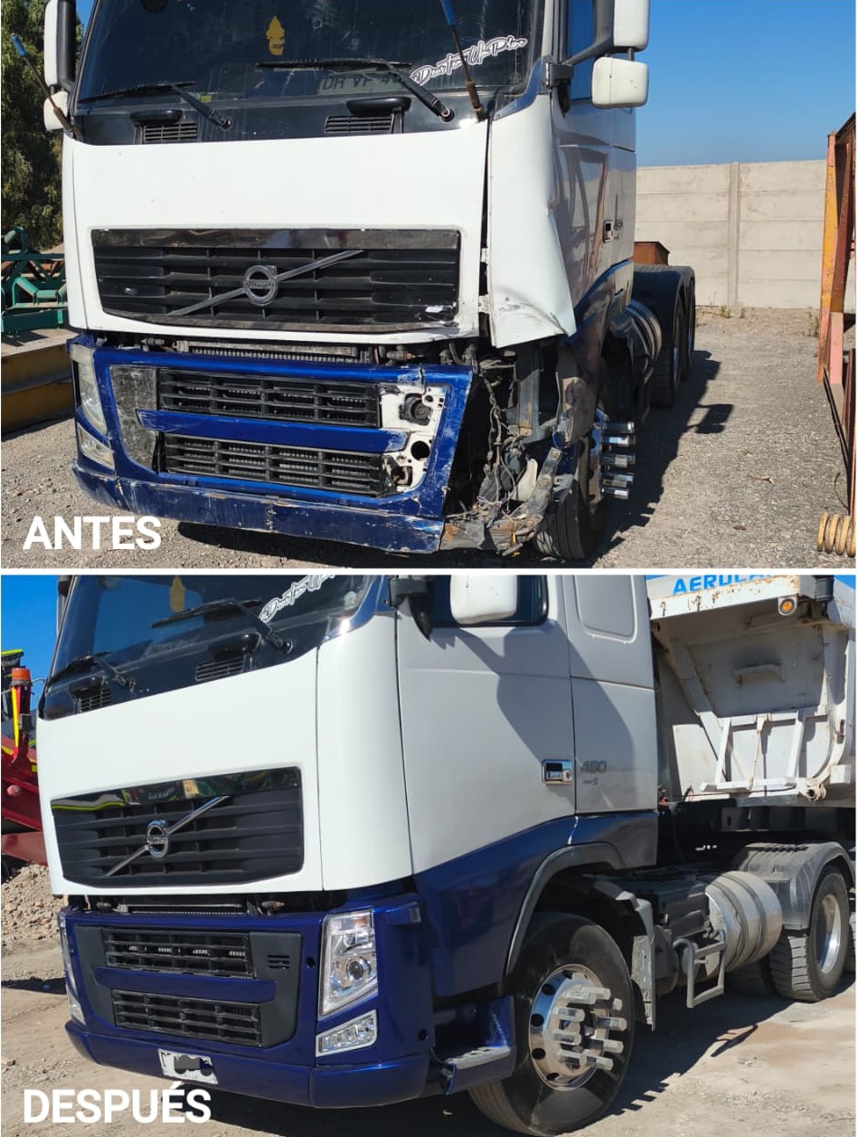 Reparación y pintura de cabina Volvo FH para empresa de transporte y movimiento de tierras desabolladura