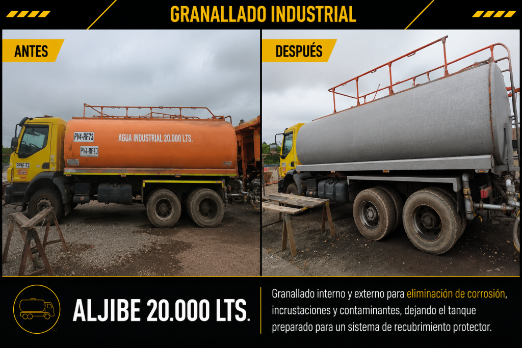 Antes y después del granallado industrial en camión aljibe de 20.000 litros.