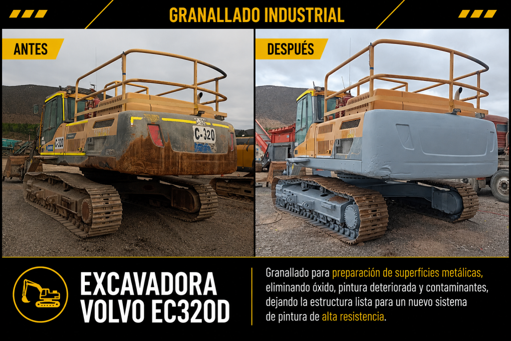 Antes y después del granallado industrial en excavadora Volvo EC320D.