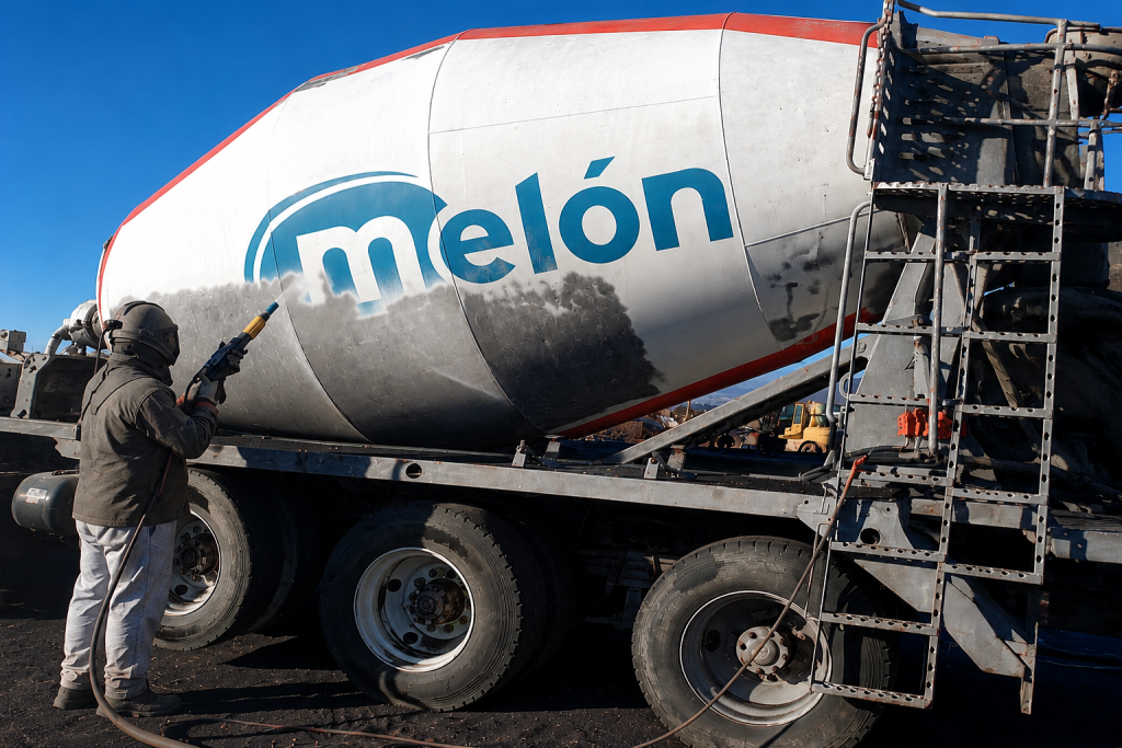 Granallado industrial en camión hormigonero Melón mediante escoria de cobre para remoción de óxido y preparación de superficies metálicas.