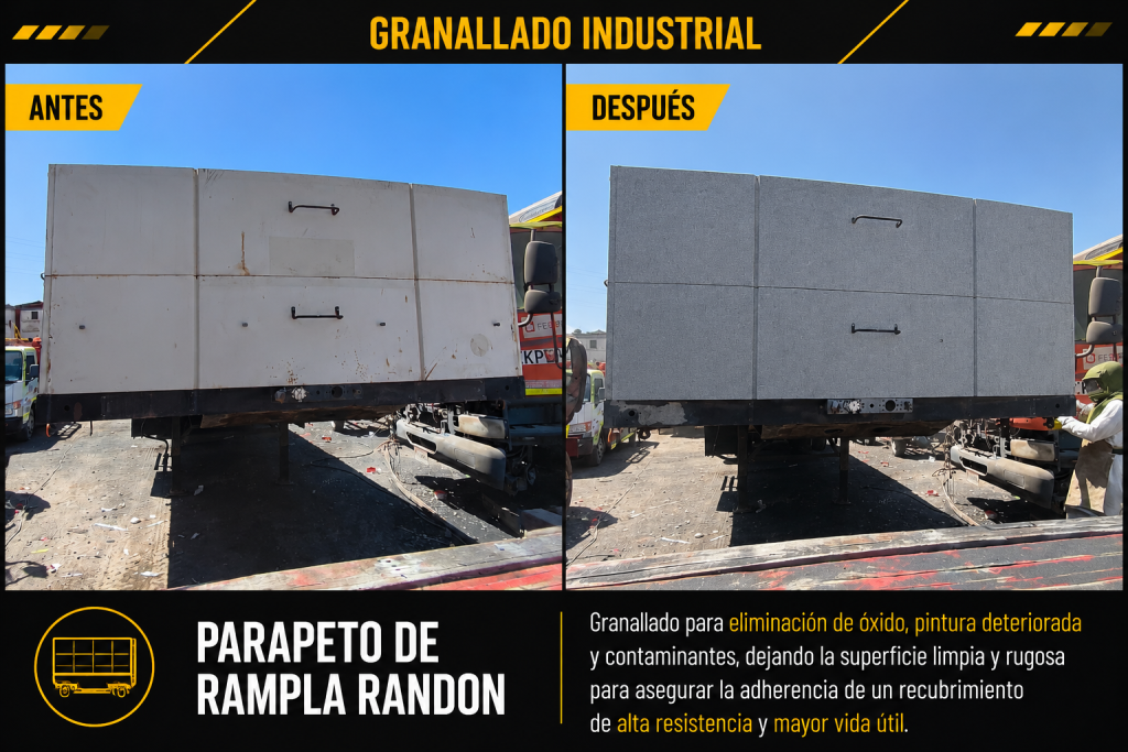Antes y después del granallado industrial en parapeto de rampla Randon.