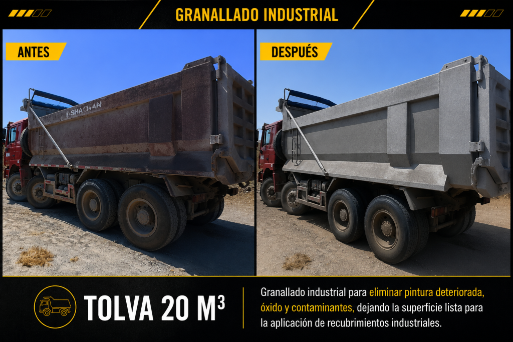 Antes y después del granallado industrial en tolva Shacman de 20 m³.