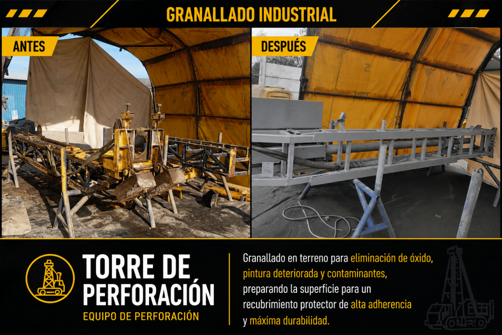 Antes y después del granallado industrial en torre de equipo de perforación.