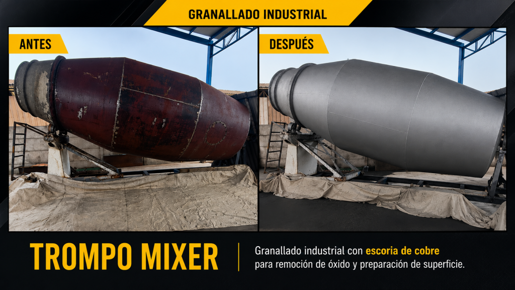 Antes y después del granallado industrial en tambor mezclador (trompo mixer).