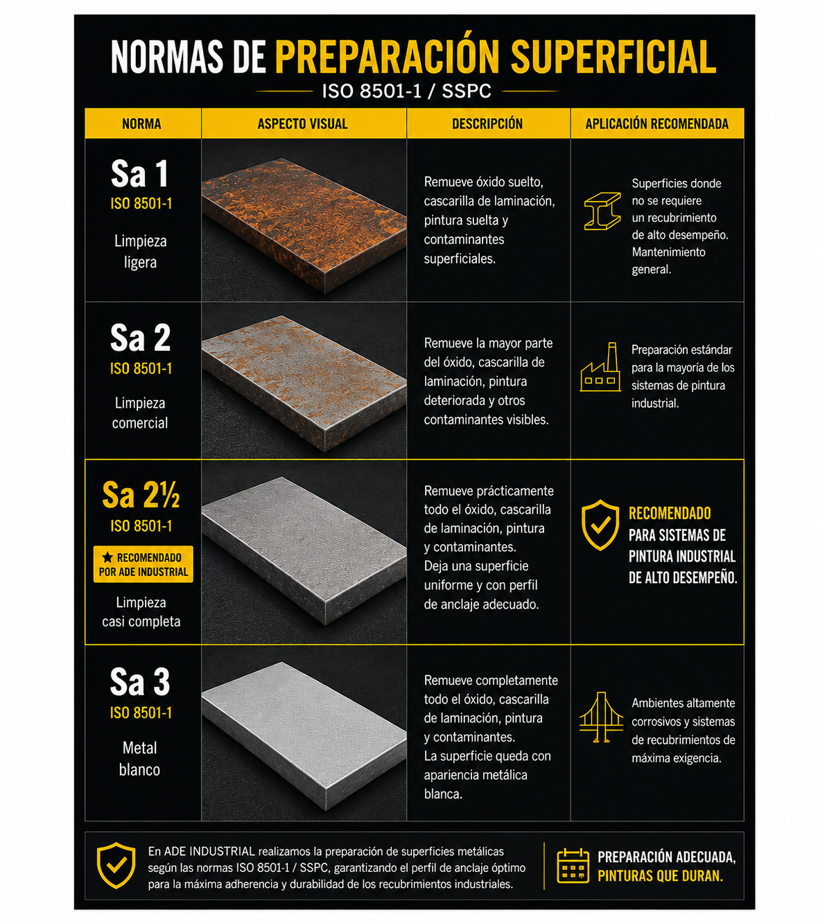 Infografía de normas de preparación superficial ISO 8501-1 con comparación visual de los grados Sa 1, Sa 2, Sa 2½ y Sa 3 para granallado industrial y preparación de superficies metálicas.